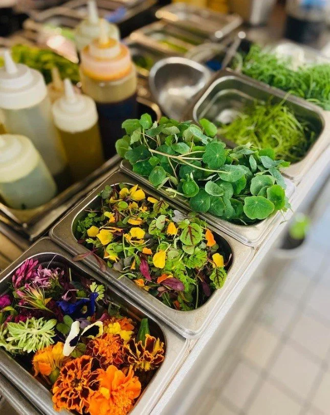 Assorted fresh herbs and edible flowers in metal containers at a food or salad bar, including green leafy herbs and colorful edible flowers.