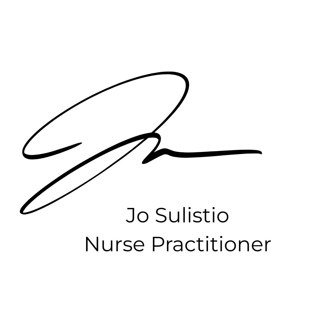 Stylized black signature above the name Jo Sulistio and the title Nurse Practitioner on a white background.