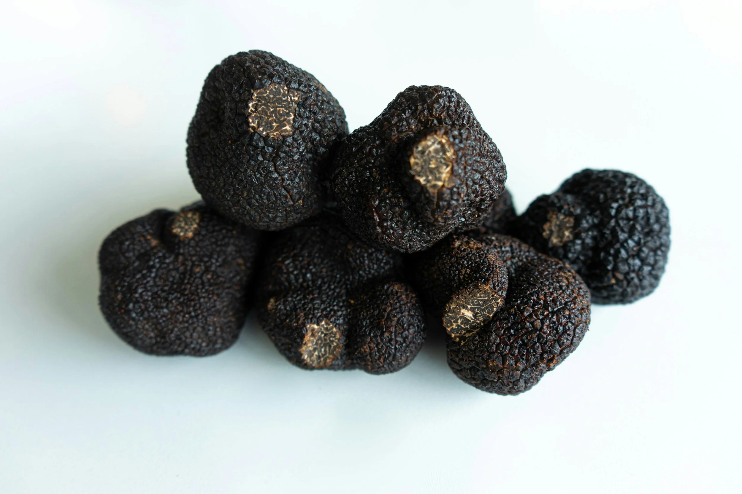 Seven black truffles arranged on a white surface.