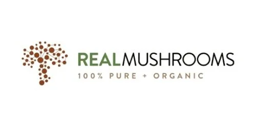 Logo for Real Mushrooms with a stylized mushroom shape made of brown dots, and the text "REAL MUSHROOMS 100% PURE + ORGANIC"