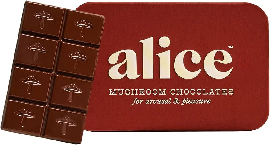 Box of Alice mushroom chocolates with a red packaging box and an unwrapped chocolate bar showing mushroom symbols.