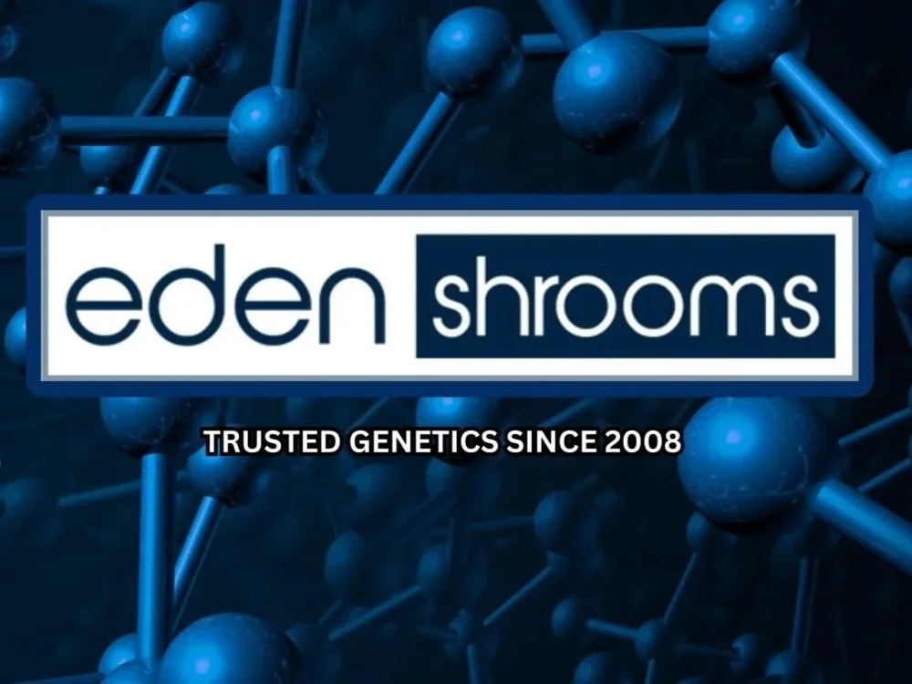 Logo for Eden Shrooms with molecular structure background and the tagline "Trusted genetics since 2008".