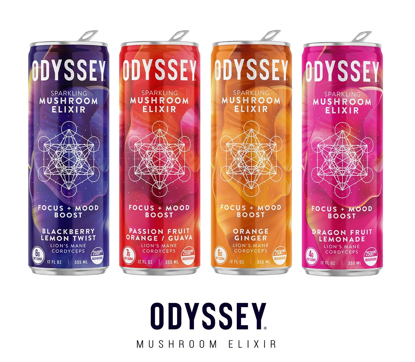 Four cans of Odyssey Sparkling Mushroom Elixir in different flavors: Blackberry Lemon Twist, Passion Fruit Orange Guava, Orange Ginger, and Dragon Fruit Lemonade.