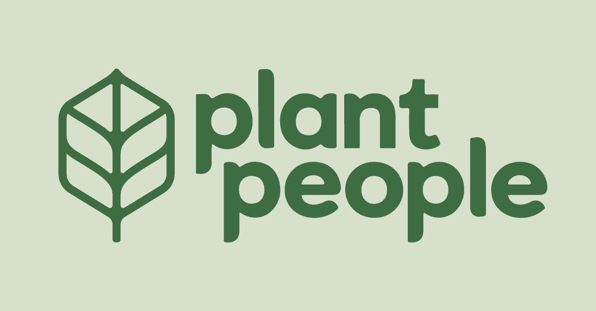 Logo with a leaf outline and the words "plant people" in green on a light green background.