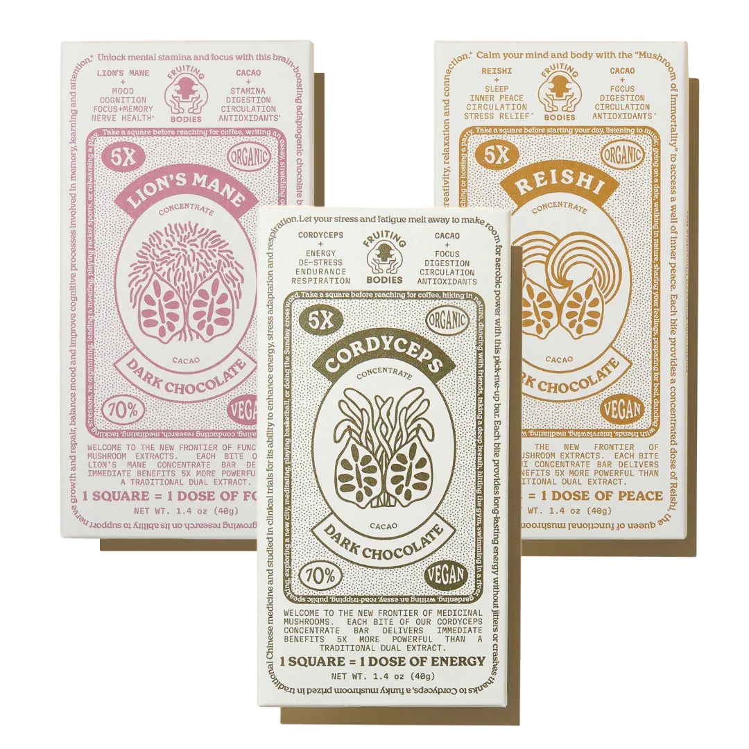 Three boxes of medicinal mushroom extract bars labeled Lion's Mane, Reishi, and Cordyceps, featuring information about their health benefits and organic ingredients.