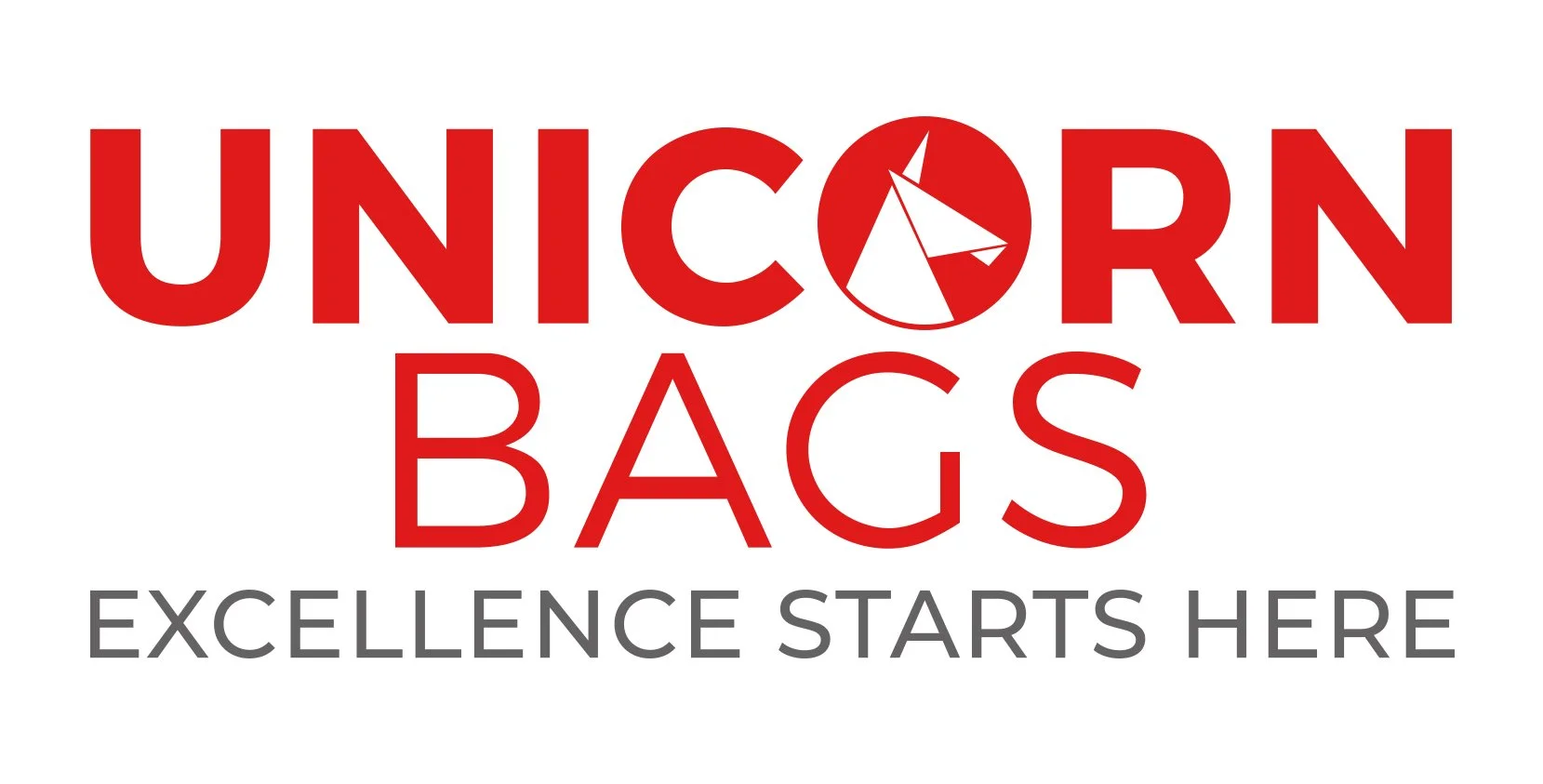 Logo for Unicorn Bags with red text, a clock face in place of the letter 'O', and gray tagline 'Excellence Starts Here'