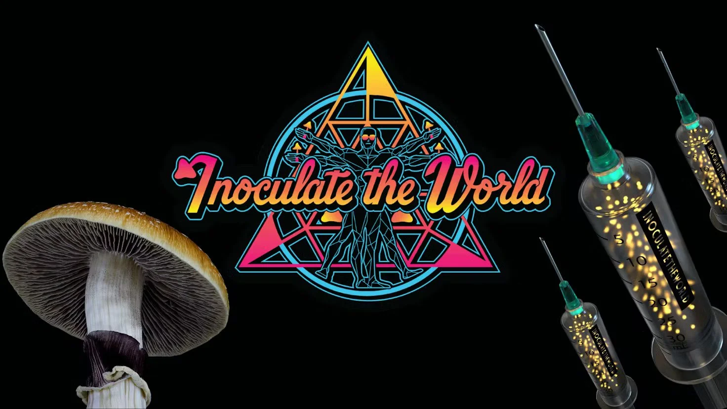A neon sign that reads 'Inoculate the World' with a geometric human figure and pentagram design, a mushroom on the left, and three large syringes filled with glowing yellow particles on the right.