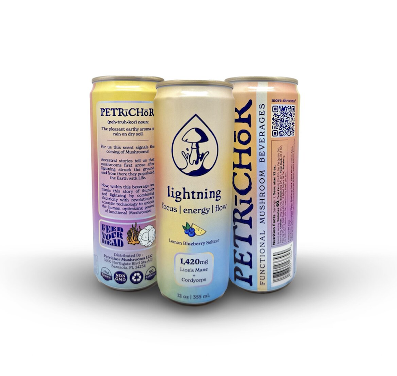 Three cans of PetriChor functional mushroom beverages, with the front can labeled 'Lightning' lemon blueberry seltzer.