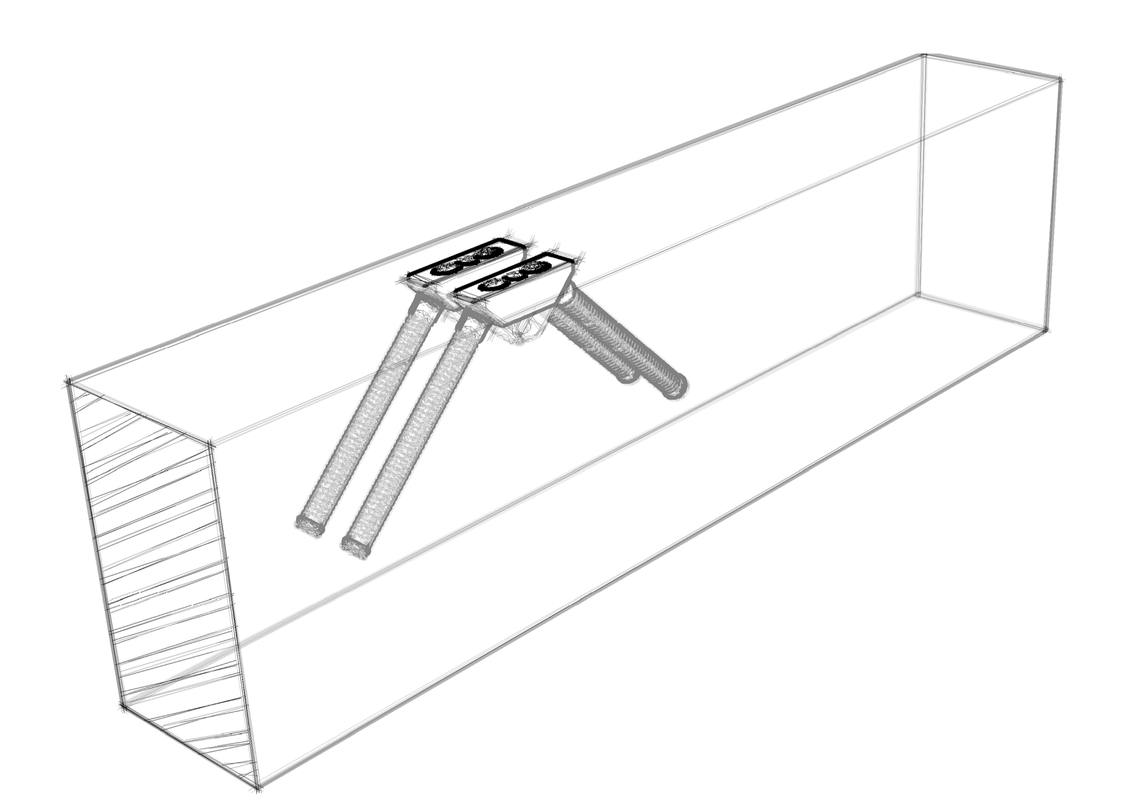 A 3D computer model of a metal frame with beams and a vertical ladder on the left side, viewed from an angle.