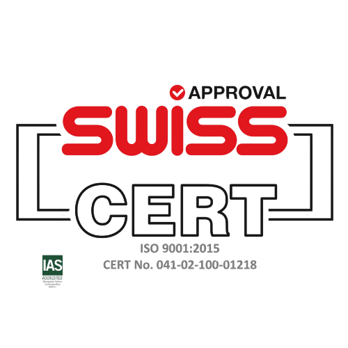 Certification logo with the words 'Swiss Cert' and an approval checkmark, ISO 9001:2015 certification details, and a green LAS logo.