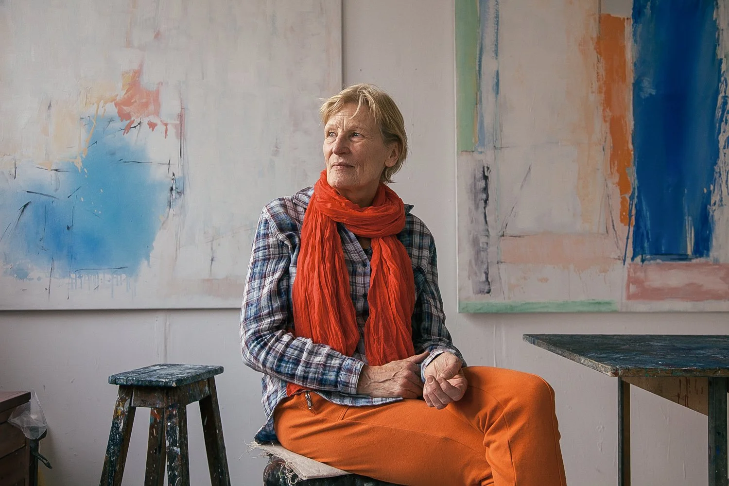 Artist seated in a studio with abstract paintings at Chisenhale Studios, London