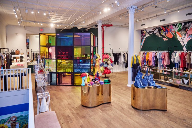Boutique interior with rainbow glass display