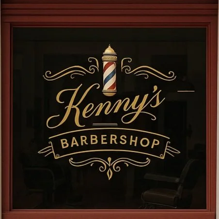 Kenny's Barbershop logo displayed on front window with gold lettering and traditional barber pole