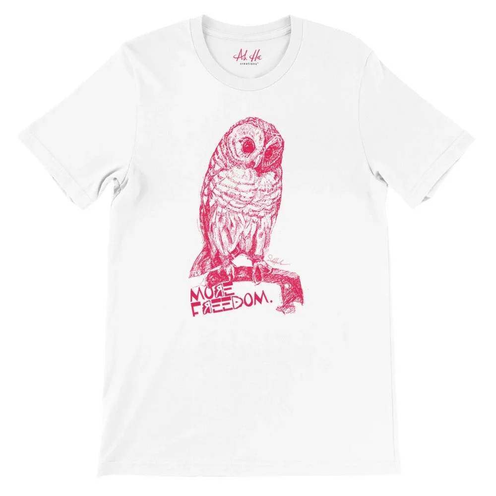 Owl Wisdom T-Shirt: "More Freedom" red print