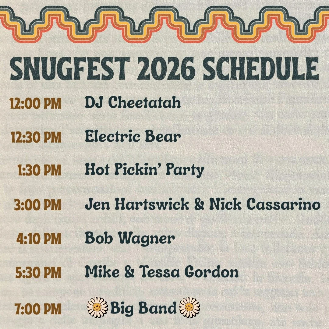 Here's the schedule for this year's Snugfest! Artisan Market begins at 11:30 AM.

Still need tickets? Visit https://www.zeffy.com/en-US/ticketing/snugfest--2026

See you Sunday 💛