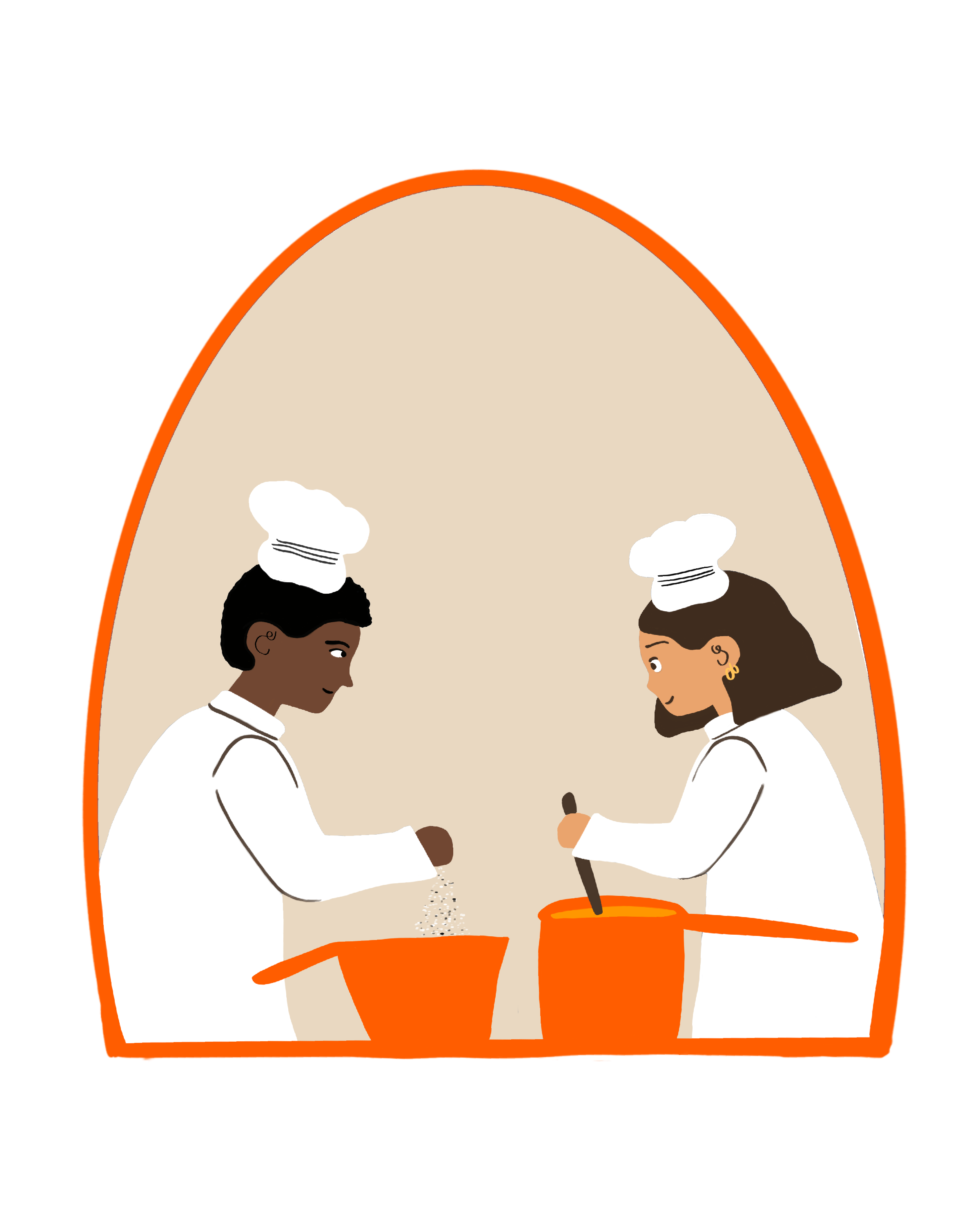 Two chefs with dark hair and white chef hats preparing food in orange pots, baking or cooking competitively against each other.