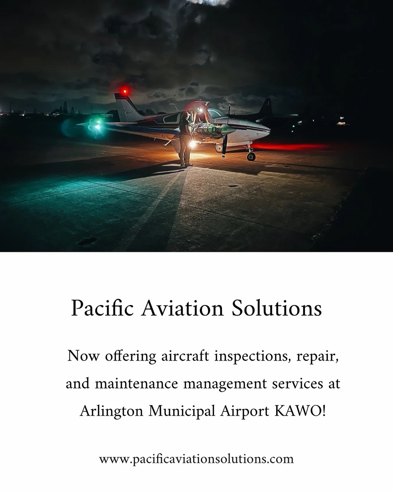📣 Public Service Announcement 📣

Pacific Aviation Solutions is excited to officially open our doors at Arlington Municipal Airport (KAWO)!

We&rsquo;re proud to offer a full range of aviation services, including:
&bull; Annual Inspections
&bull; Ro