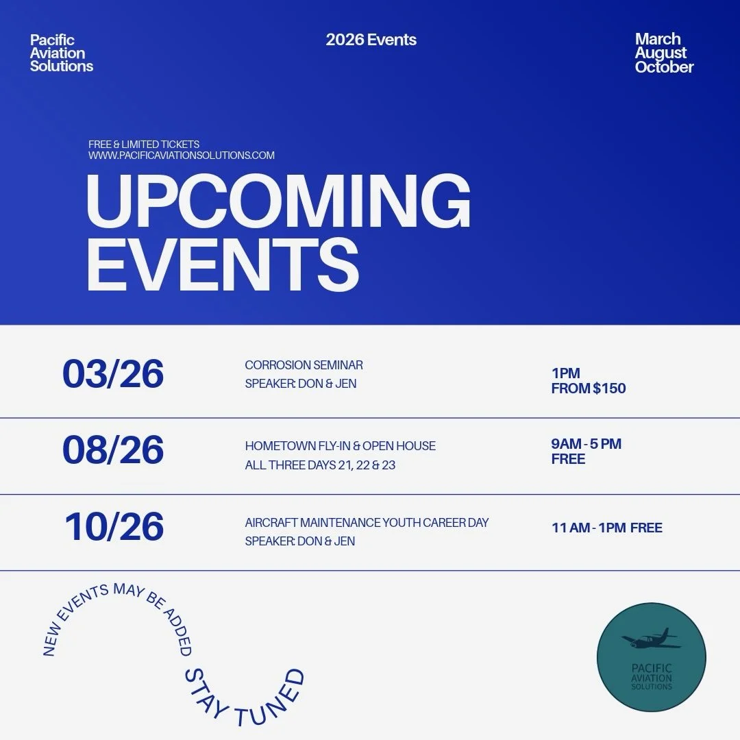 ✨ Big things are ✈️ taking off in 2026! ✨
We&rsquo;re excited to host some awesome events this year at Pacific Aviation Solutions:

🛠️ March &mdash; Corrosion Seminar
Let&rsquo;s geek out over prevention, protection, and keeping aircraft healthy for