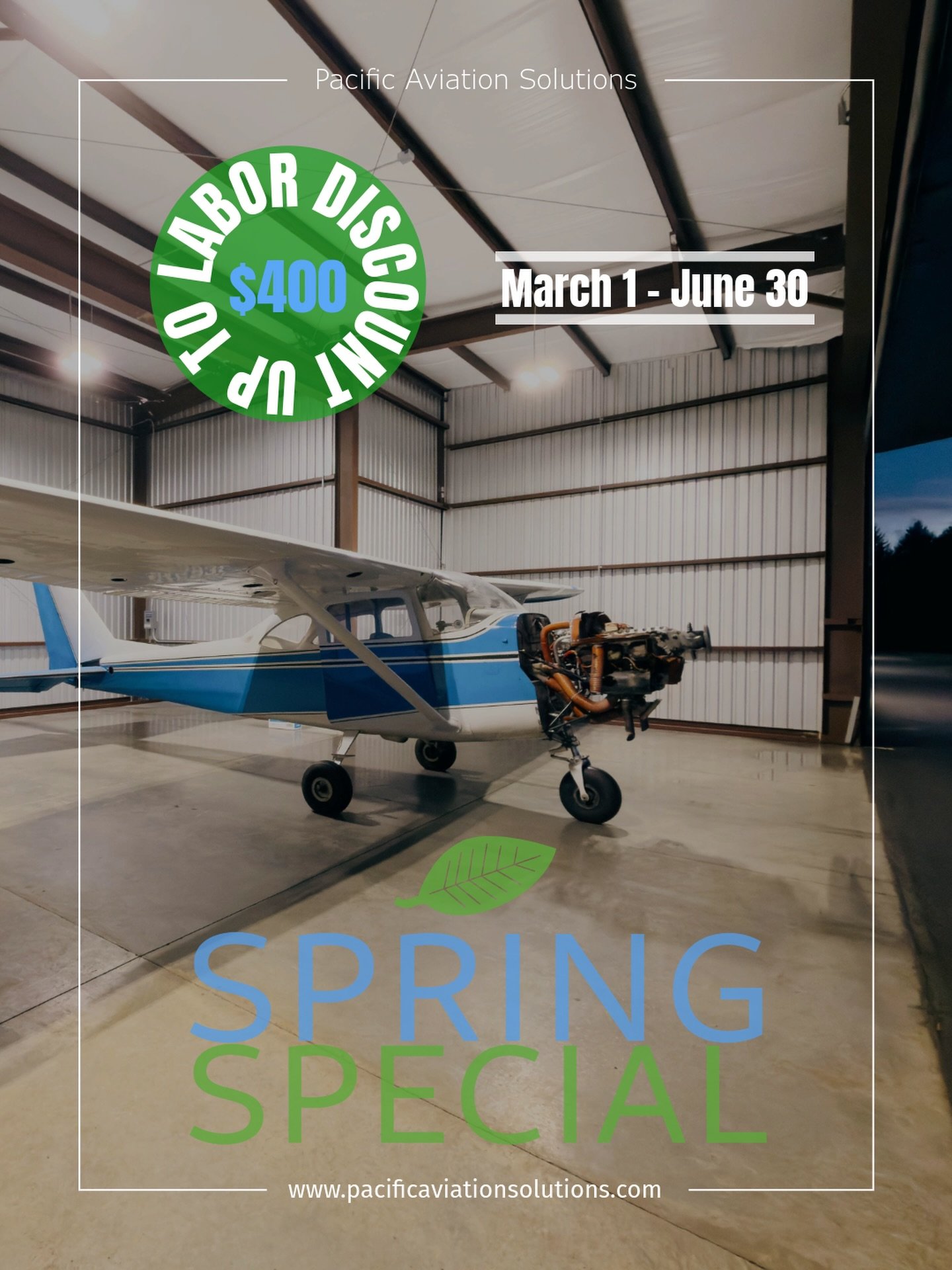 ✈️ Spring Special from Pacific Aviation Solutions 🌸

From March 1 &ndash; June 30, enjoy a discount on labor up to $400 when you schedule services at our facility located at Arlington Municipal Airport (KAWO).

This limited-time offer applies to:
✔️