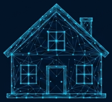 A digital, wireframe illustration of a house with a chimney, depicted with glowing blue lines and geometric connections.