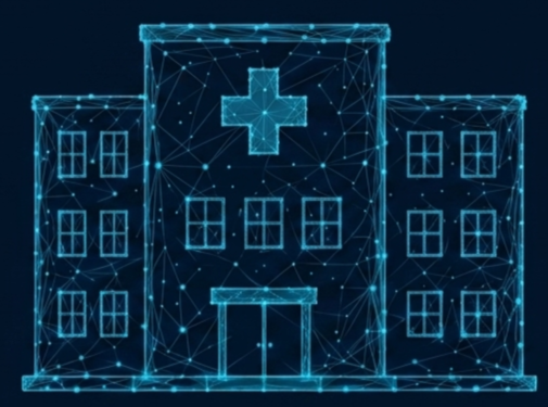 Futuristic digital illustration of a hospital building with a cross symbol, composed of glowing blue interconnected lines and dots on a dark background.