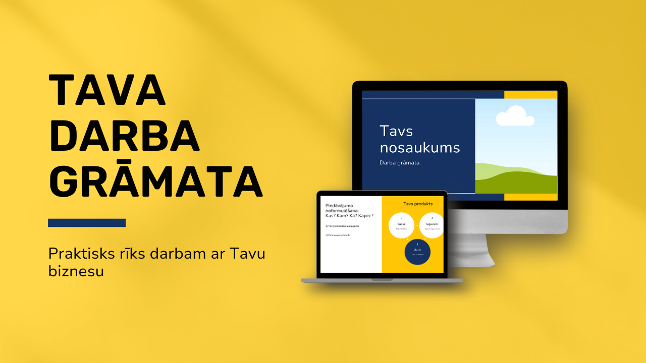Latvian language learning materials displayed on computer and laptop screens with a yellow background. Text says 'Tava Darba Grāmatā' and 'Praktisks rīks darbam ar Tavu biznesu'.