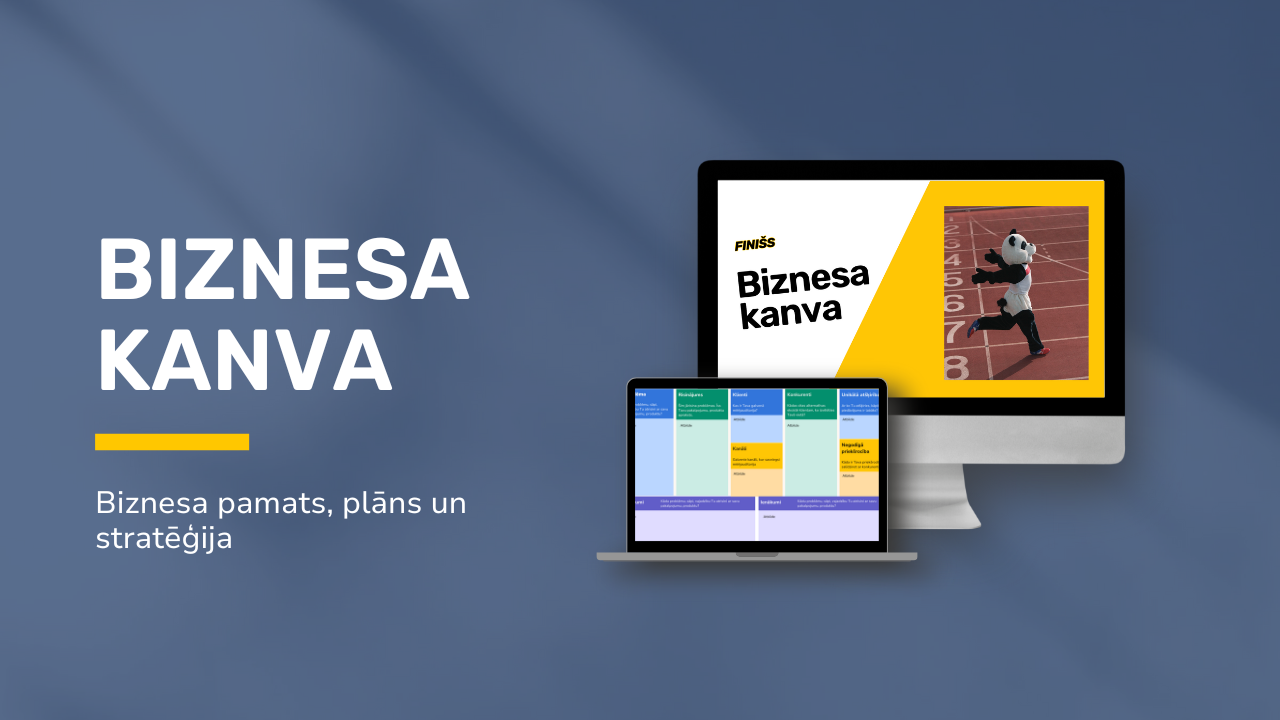 Digital illustration of business planning tools, including a computer monitor and a laptop, displaying business plan templates, with a mascot in a track suit on the monitor's screen, emphasizing business planning, strategy, and planning.