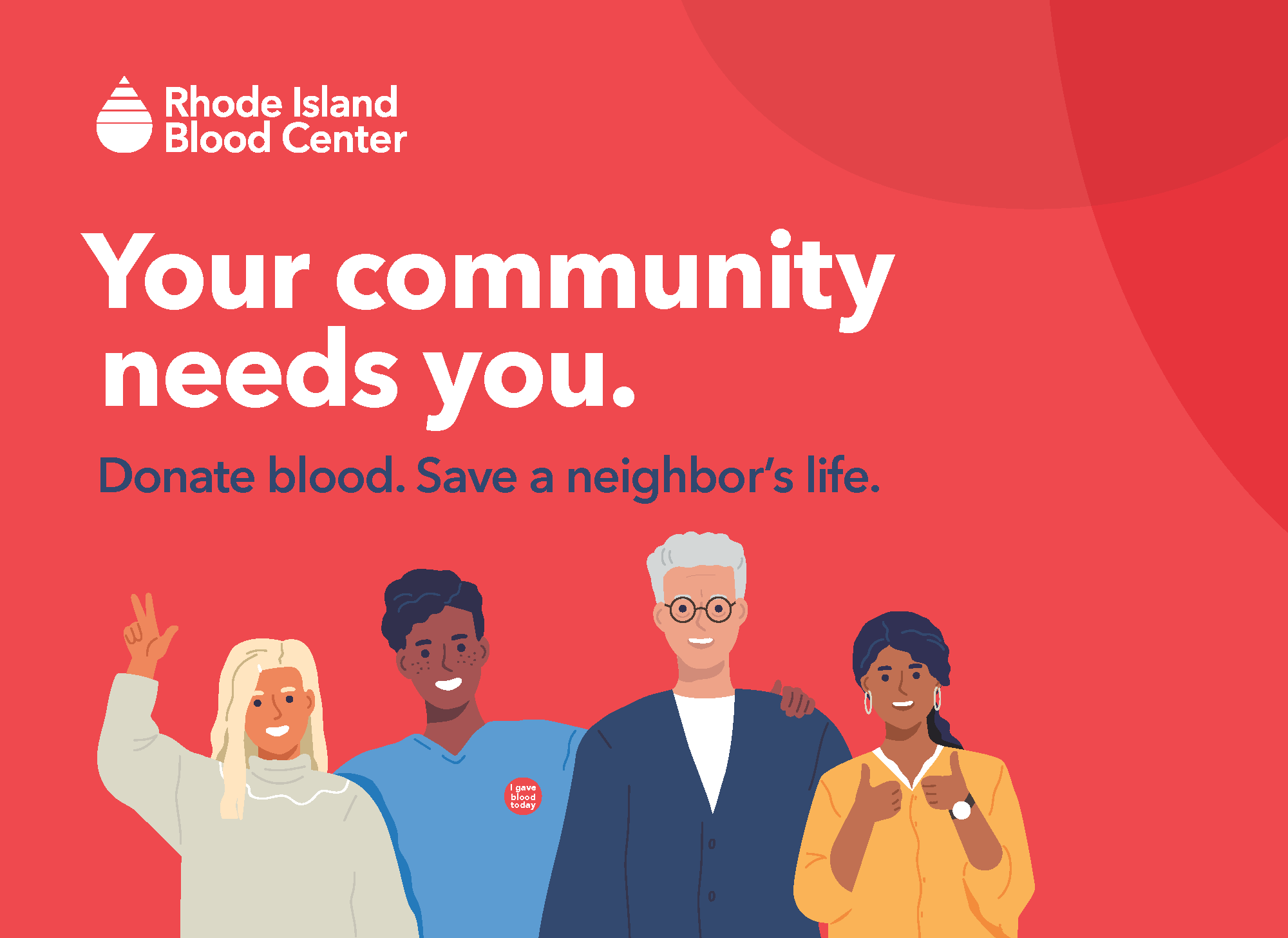 Illustration of diverse community members holding hands and supporting blood donation campaign for Rhode Island Blood Center, emphasizing community need for blood donations.