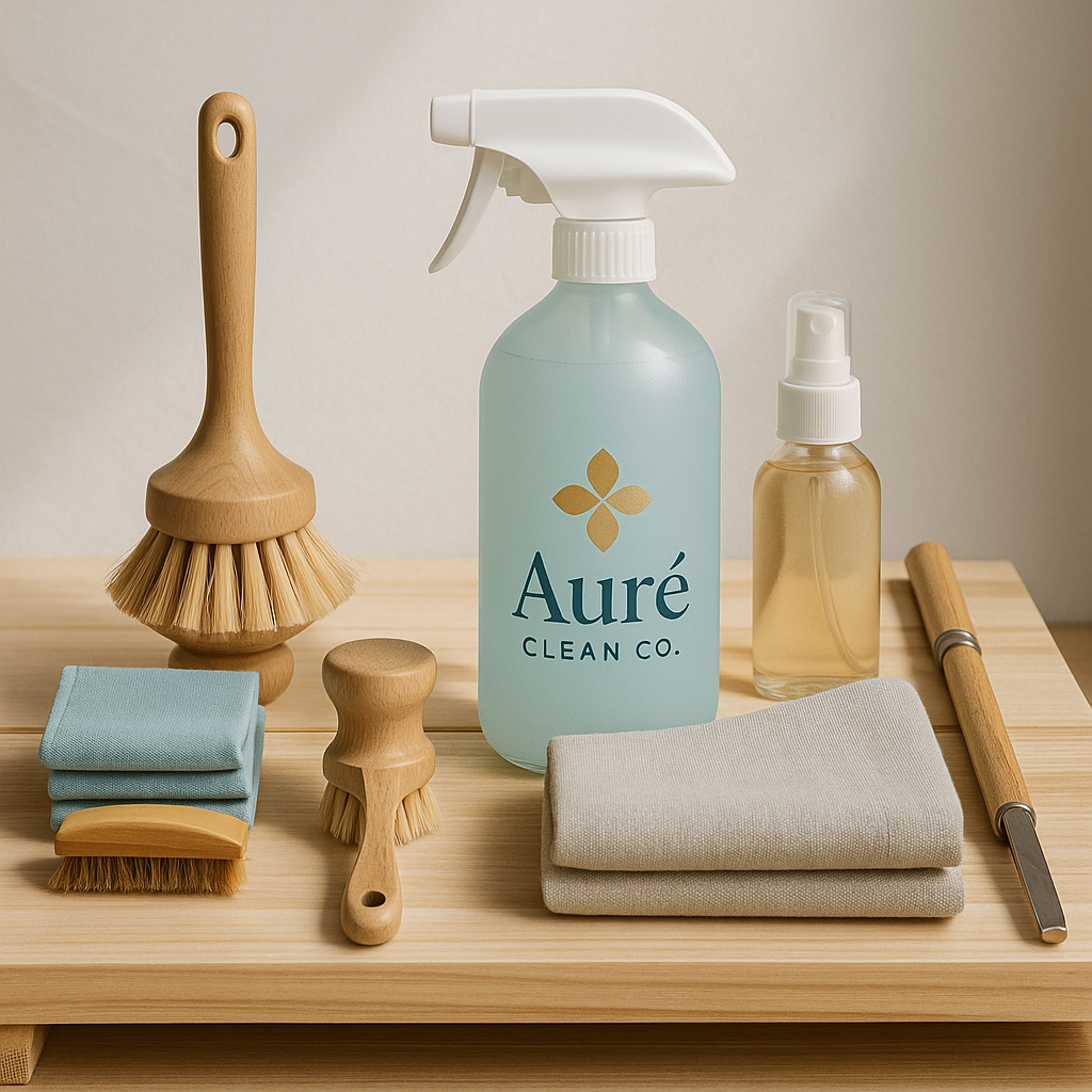 Cleaning supplies on a wooden surface, including a wooden scrub brush, a spray bottle labeled 'Auré CLEAN CO.', a small spray bottle, a folded cloth, a small brush, and a cleaning tool.