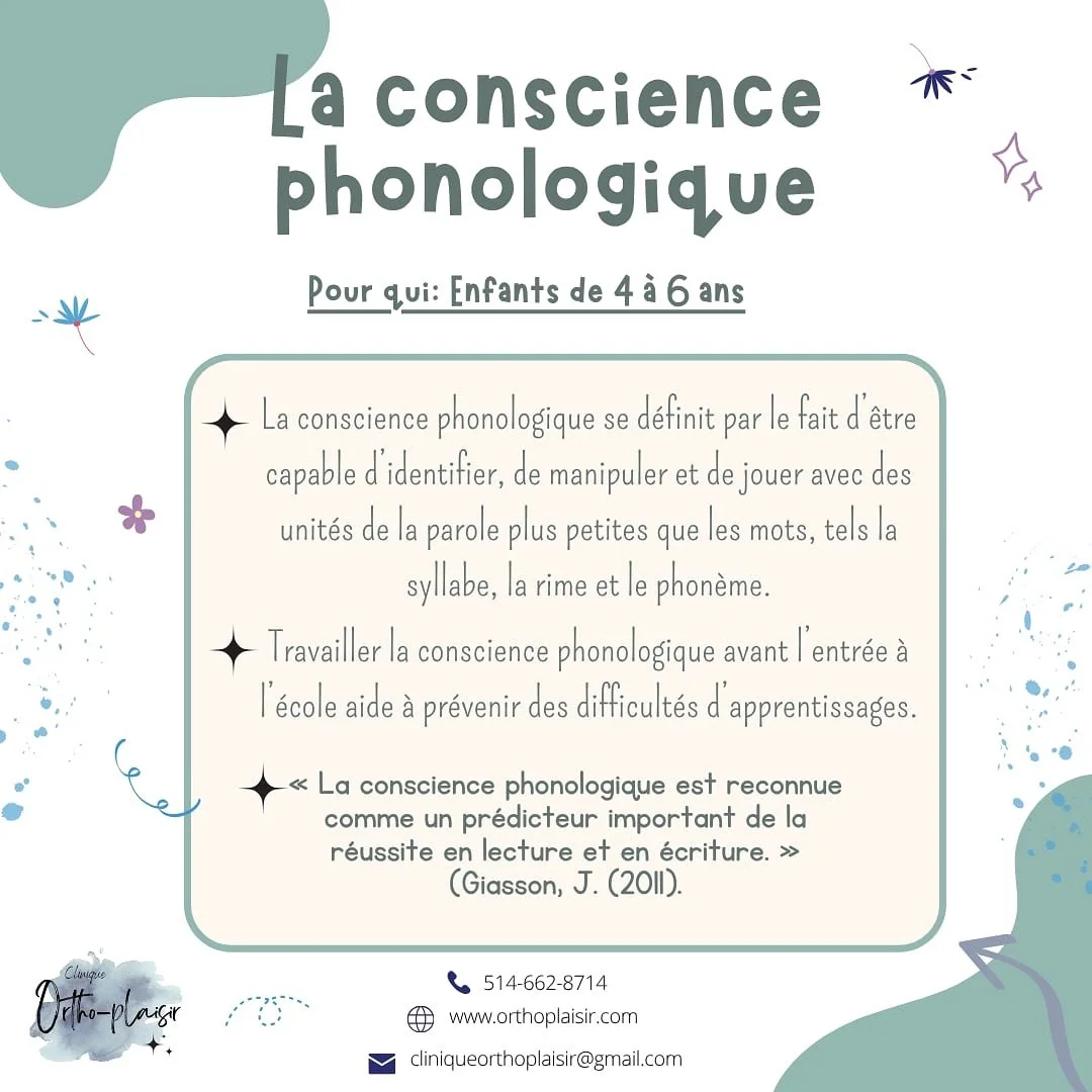 Ce mois-ci, j&rsquo;aurai le plaisir d&rsquo;offrir un groupe de langage francophone (virtuel) pour les jeunes enfants ayant des difficult&eacute;s de conscience phonologique.

C&rsquo;est toujours un plaisir de travailler avec la clinique Ortho Plai