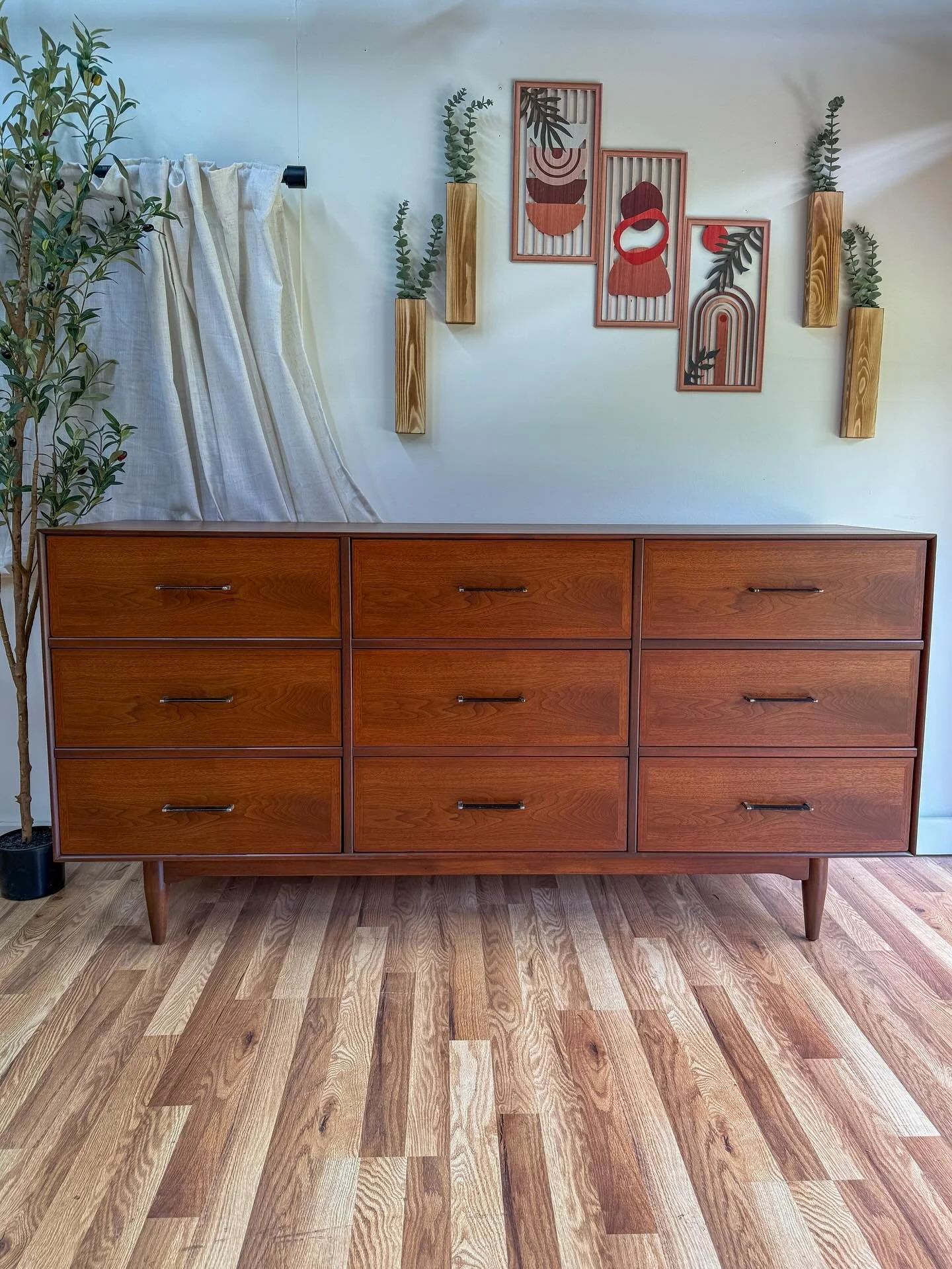 Mid century modern Mcm vintage walnut 9 drawer triple dresser by Ramseur. This dresser features deep dove-tailed drawers that all slide great &amp; offer amazing storage, beautiful wood grains throughout, and all original brass &amp; black drawer pul