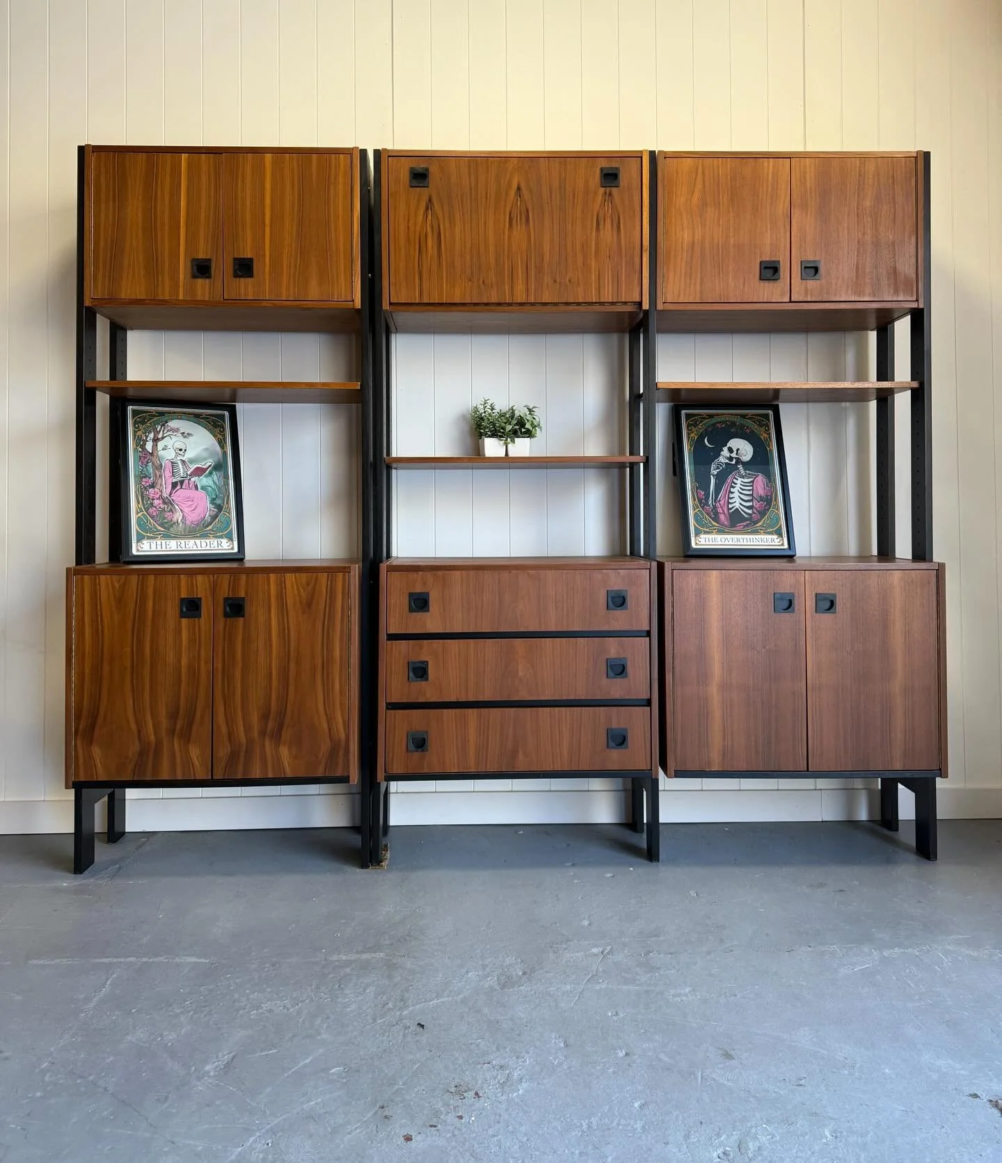 (AVAILABLE) MCM mid century modern vintage teak modular wall unit / shelving unit / room divider. Stamped Made in Yugoslavia, circa 1960&rsquo;s. This is a free standing unit, and is finished on both sides so it can float anywhere in a room. This pie