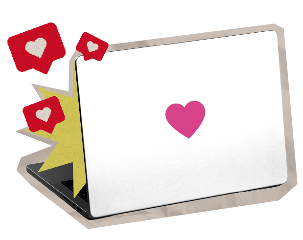 A laptop with a white cover featuring a pink heart, decorated with red social media notification icons with hearts on the side.