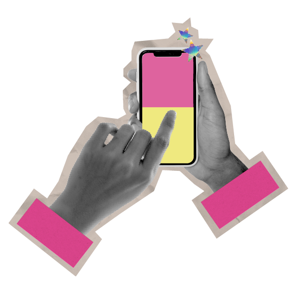 Black and white hands holding a smartphone with a pink and yellow divided screen, with colorful butterflies near the top of the phone.