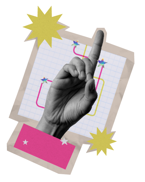 Black and white photo of a hand with the index finger pointing upward, over a background of a notebook with colorful lines and star-shaped decorations.