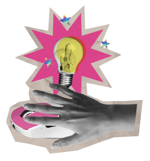 A black and white hand with a pink mouse on a computer mouse pad, a pink starburst shape behind a lightbulb with a word inside, and small star-like accents.
