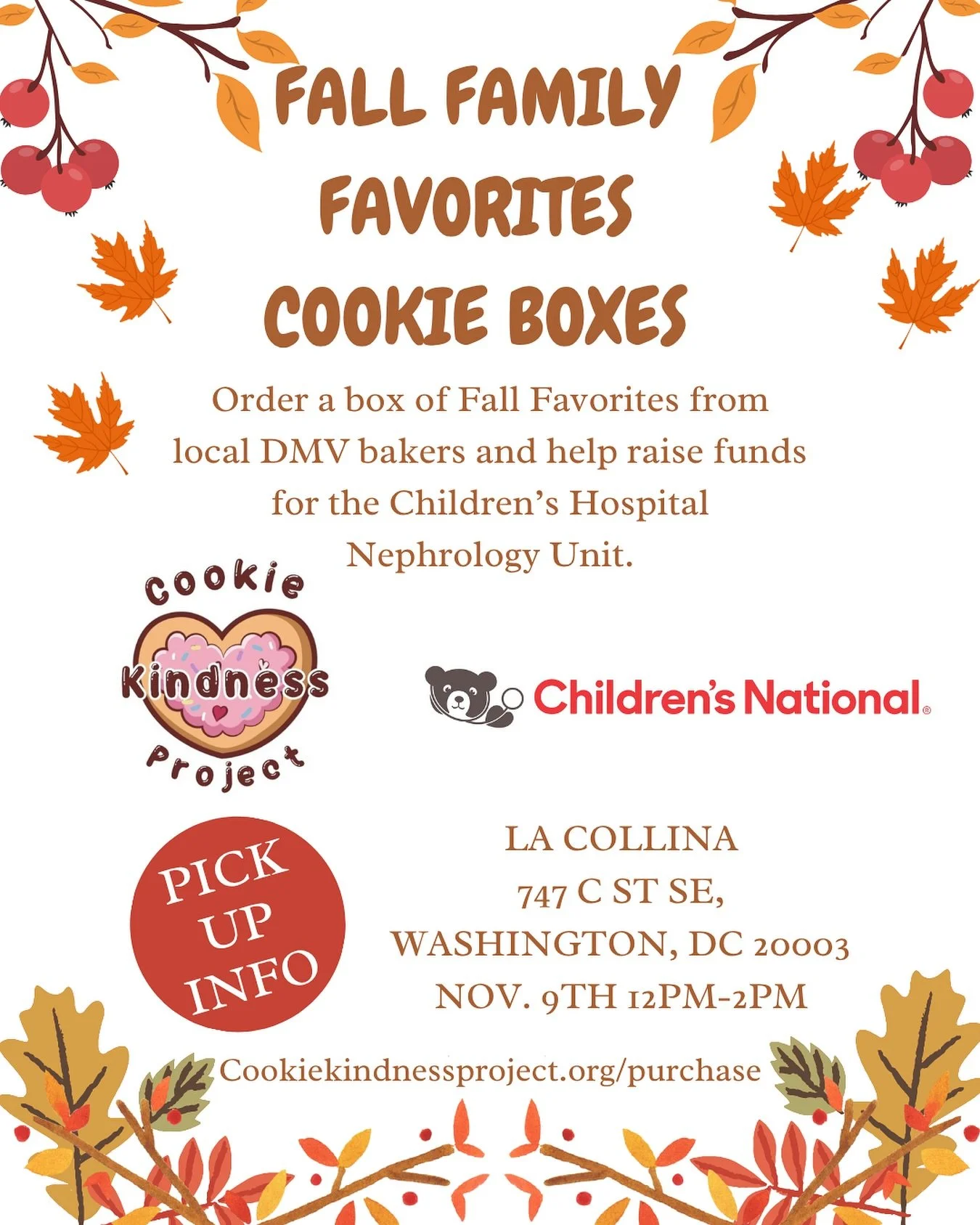 Don&rsquo;t miss out on our Fall Cookie Collection benefiting Children&rsquo;s Hospital Nephrology Dept @dcpedsneph Pickups will be held @lacollina_dc on Sunday November 9th! Order your box at CookieKindnessProject.org/purchase