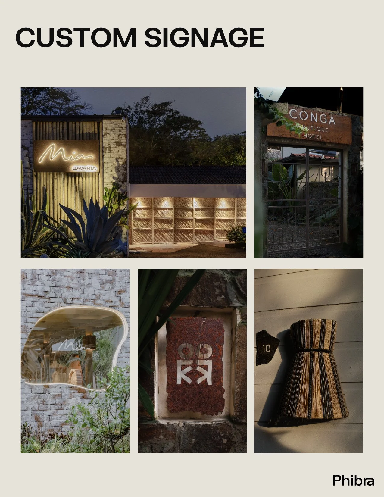 Collage of five images featuring custom signage for businesses and locations, including signs for Misa Bavaria, Conga Boutique Hotel, an exterior window with the Misa logo, a brick wall with the number 96, and a ground-level view of a pair of shoes and a wall number 10.