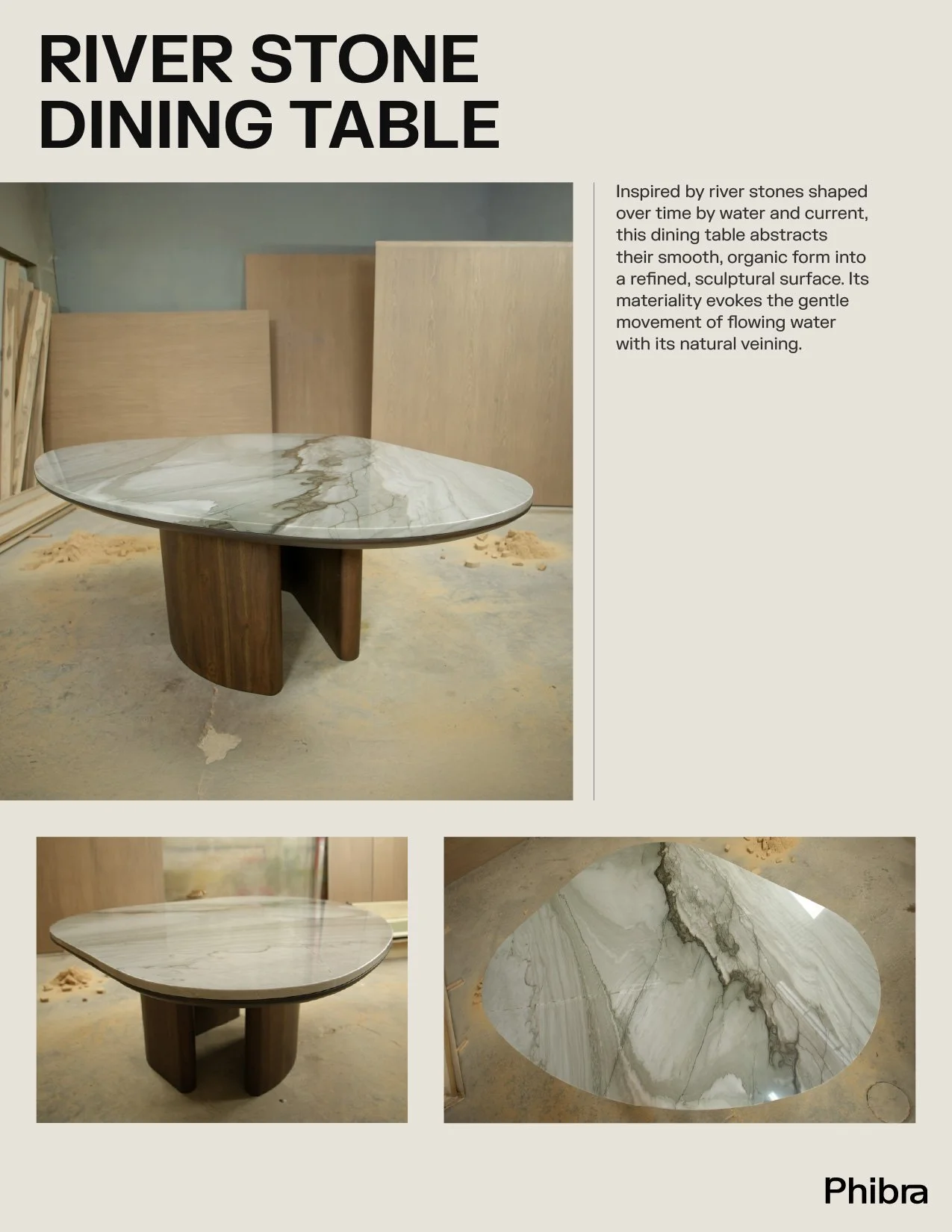 Pictures of a river stone dining table with a marble top and wooden base, shown from different angles, in a workshop setting.