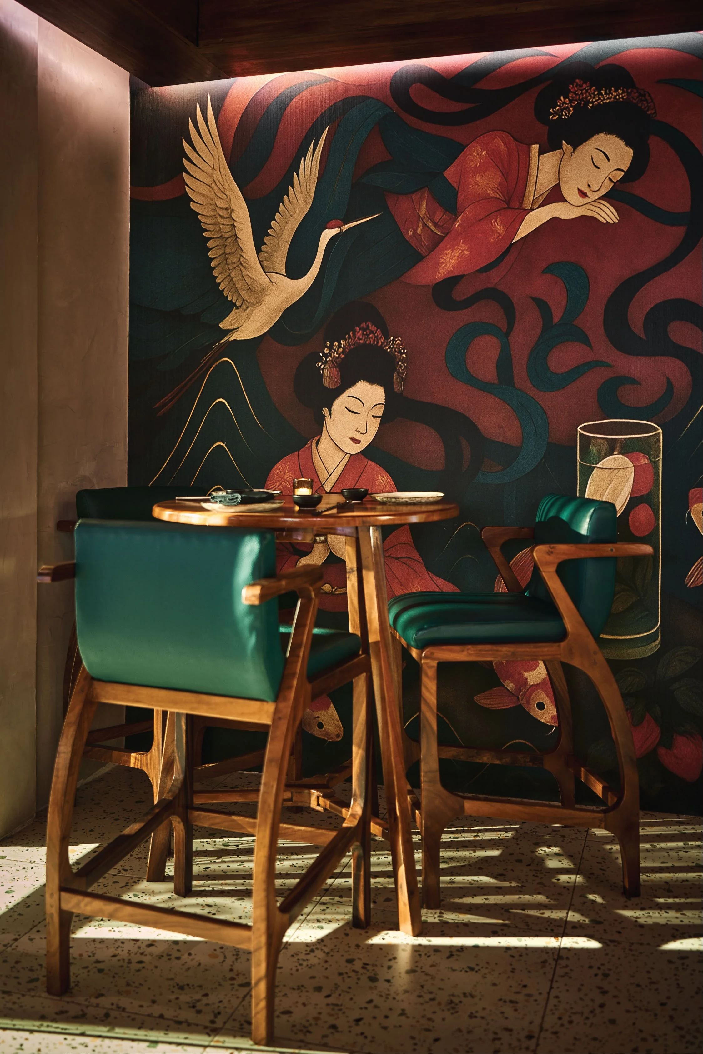 Satori bar with teal leather stools and a geometric wood shelving wall