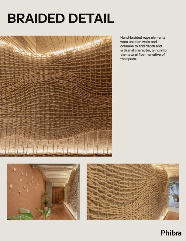 A design display of hand-braided rope elements used on walls and columns, creating a natural fiber look and artistic texture. The display includes a large, wavy rope structure, a corridor with rope wall detail, and a view of the rope pattern inside a room.