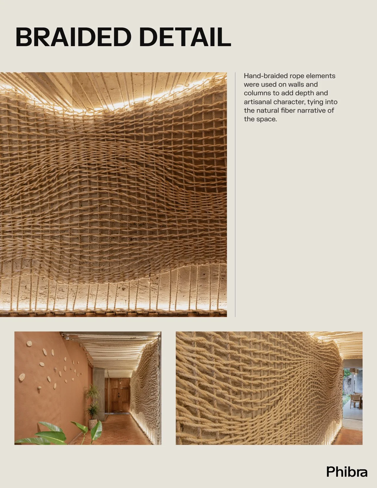 Detailed photos of a hand-braided rope wall installation in a modern interior space.
