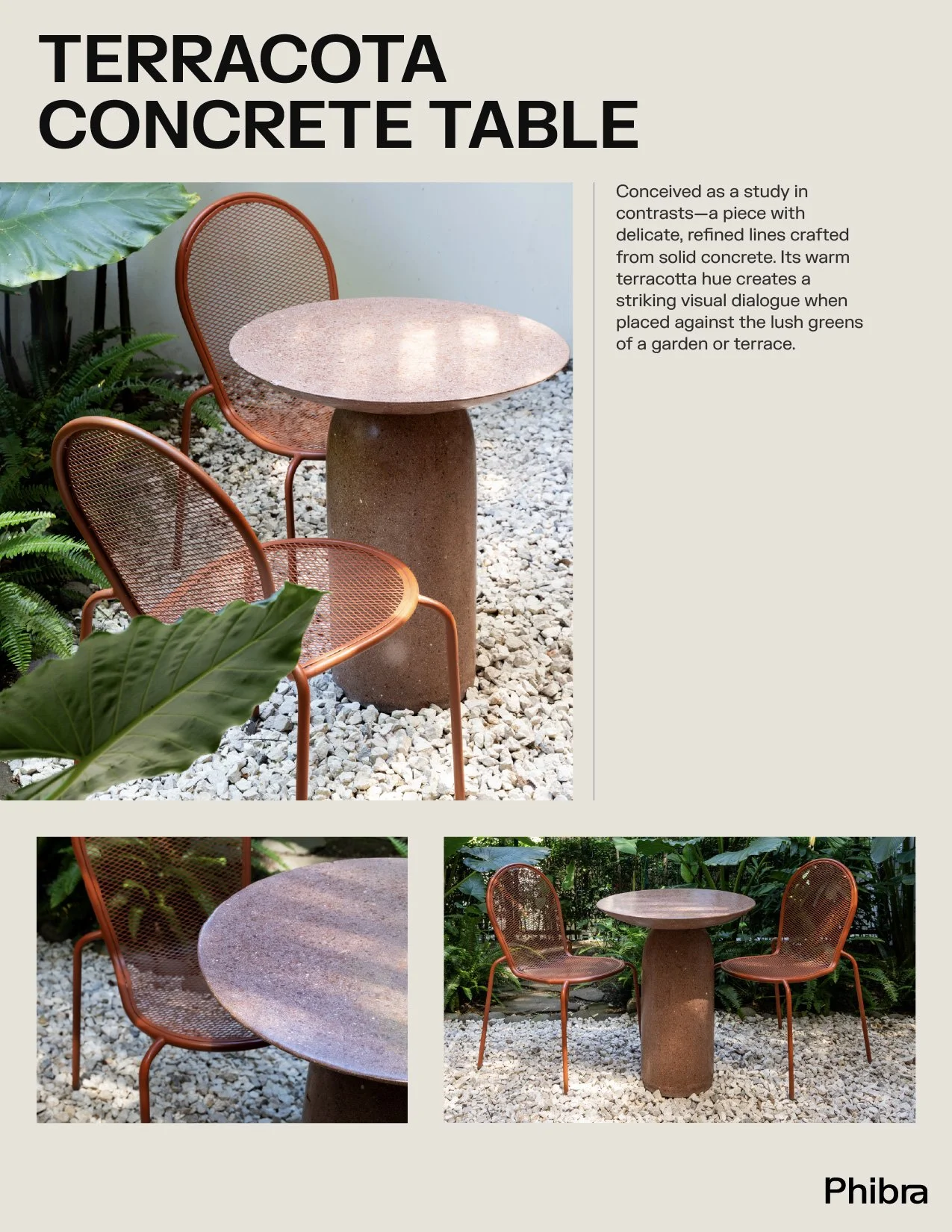 A study display of terracotta concrete table and two matching chairs outdoors with green plants, white gravel ground, and a light-colored wall.