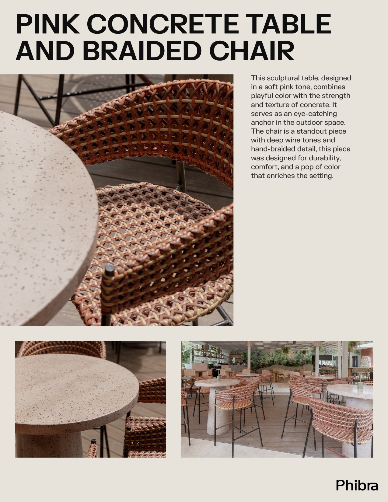 A collage featuring a pink concrete table and braided chair, with close-up and wide shots of the furniture set in a modern, outdoor dining area with a wooden deck and greenery.