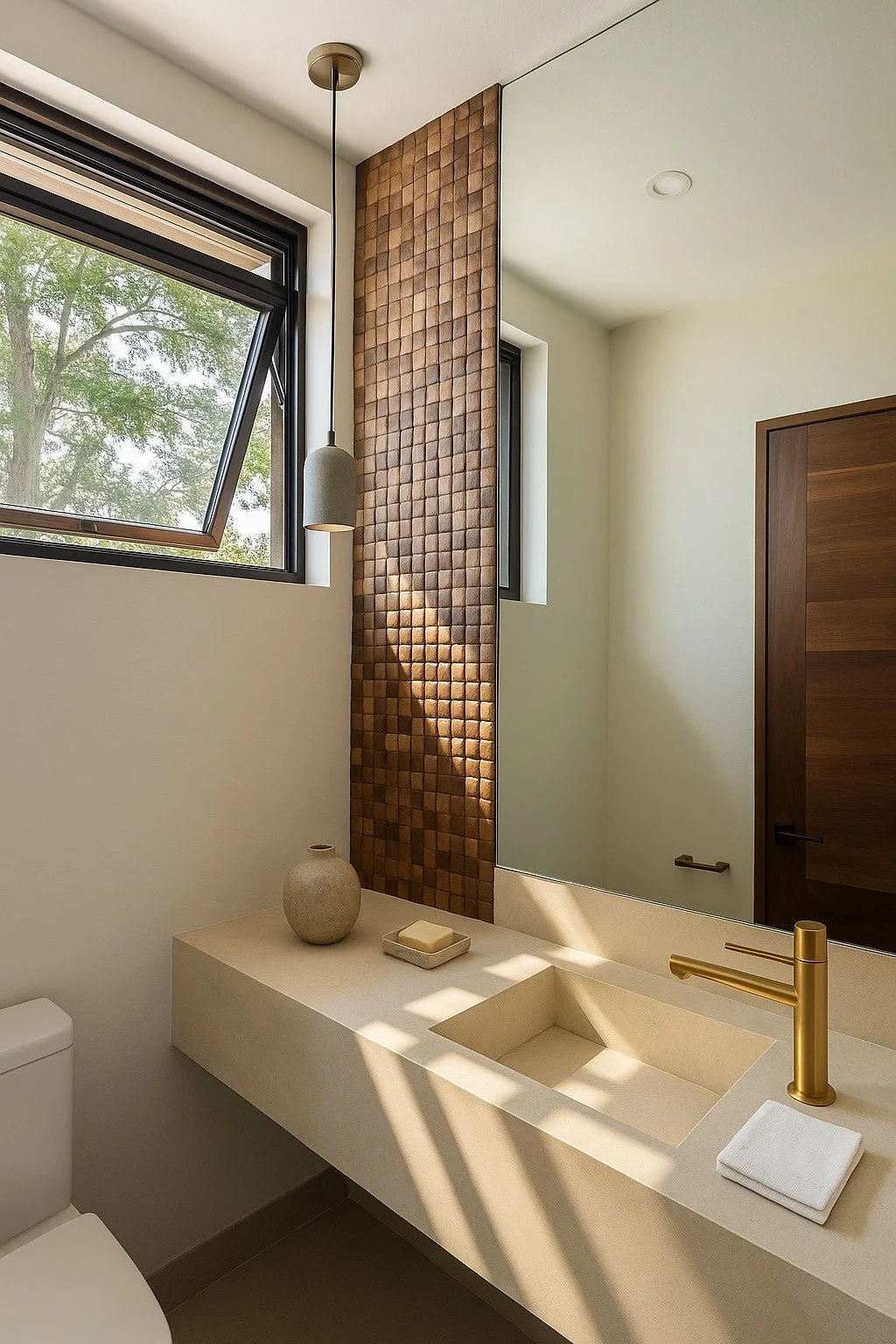 Modern bathroom with a beige countertop sink, gold faucet, a large rectangular mirror, a small vase, soap dish, window with a view of trees, and a textured wood tile wall.