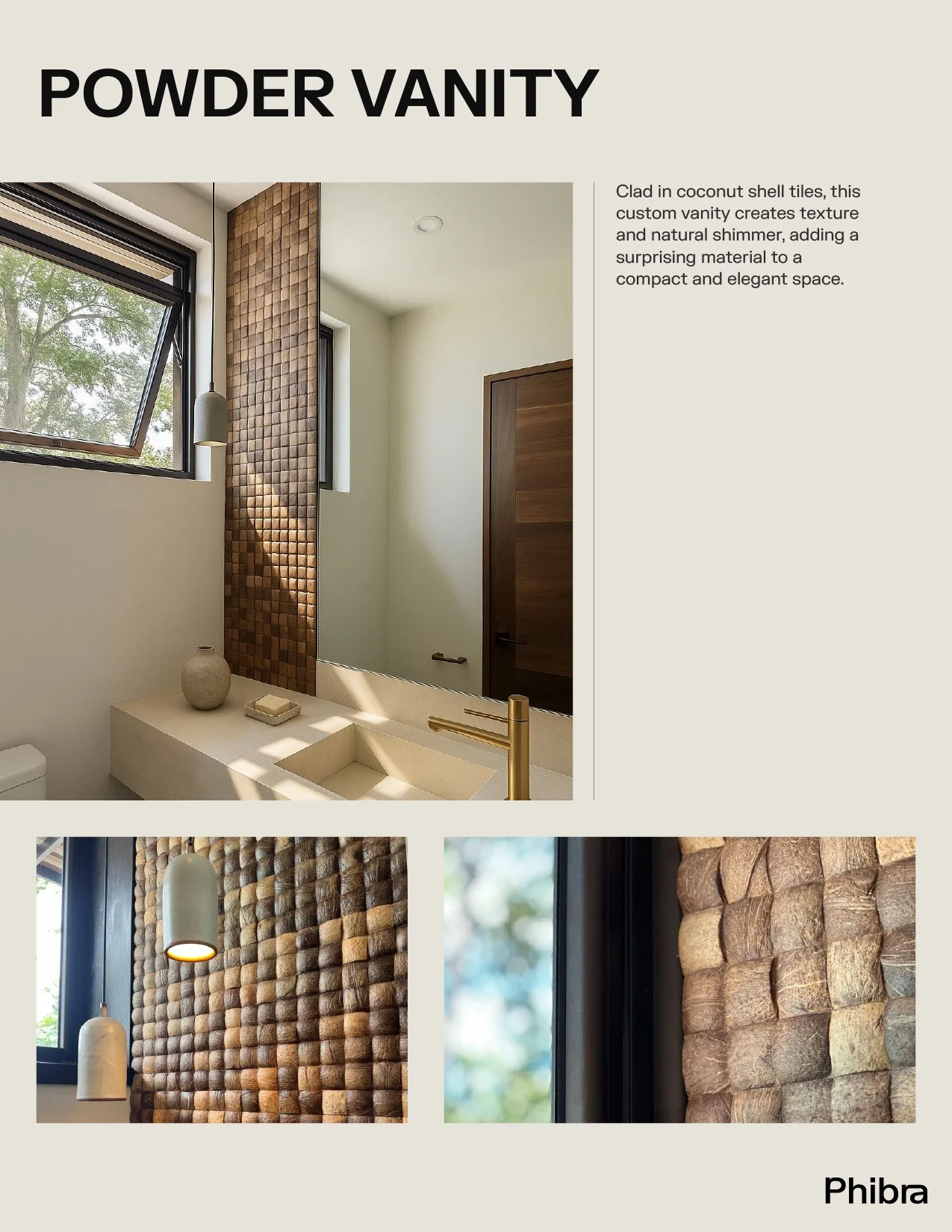 Interior bathroom with coconut shell tile wall, a mirror, a minimalist sink with a gold faucet, pendant lights, wooden door, and window with trees outside.