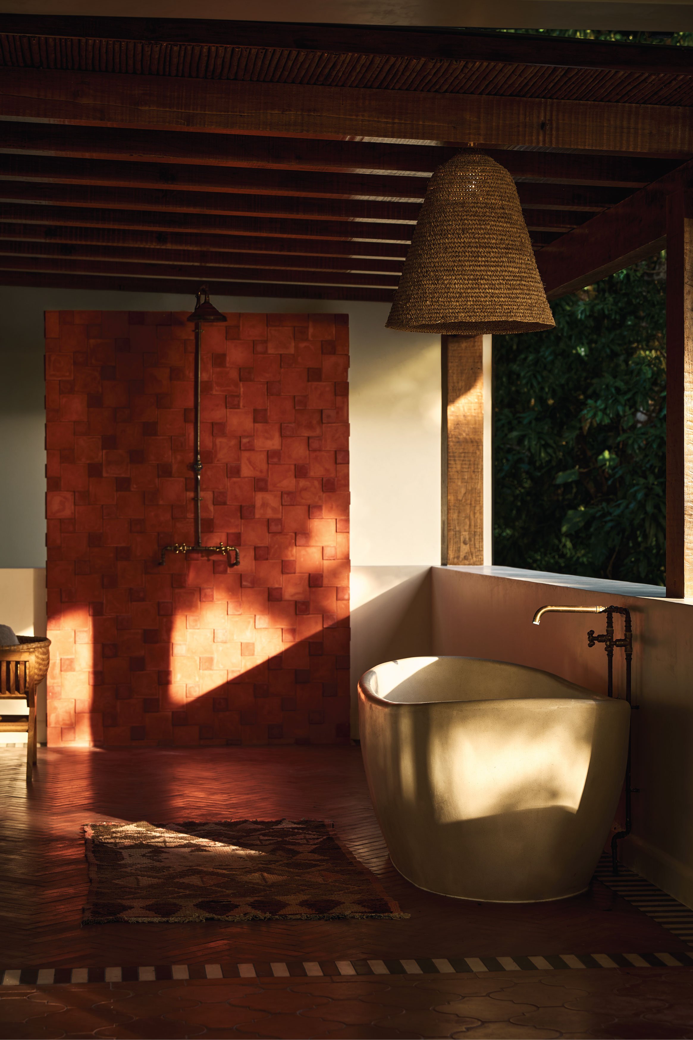 Bathroom with a marble vanity, copper sink and steel-framed garden window, Casa Ladera