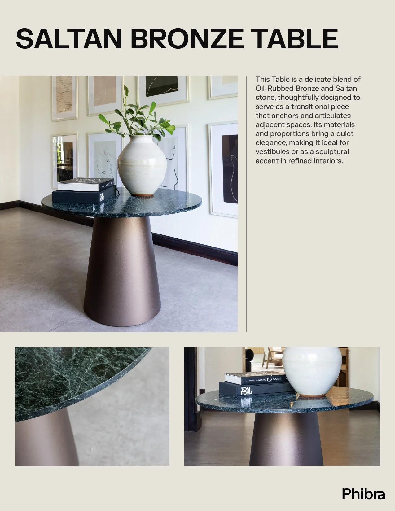 A brochure displaying a bronze and green marble table with a round top, a white vase with greenery, and books, with artwork hanging on the wall behind.