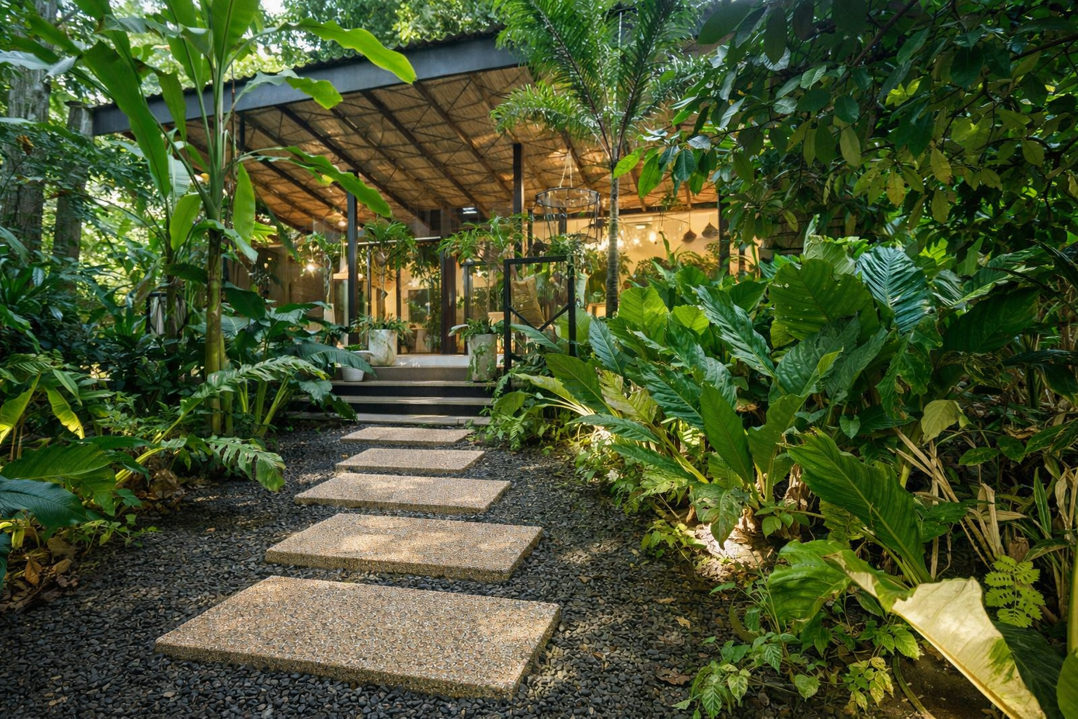 Stepping stones on a gravel pathway leading to a house surrounded by lush green plants and trees, with a covered porch area illuminated from inside.