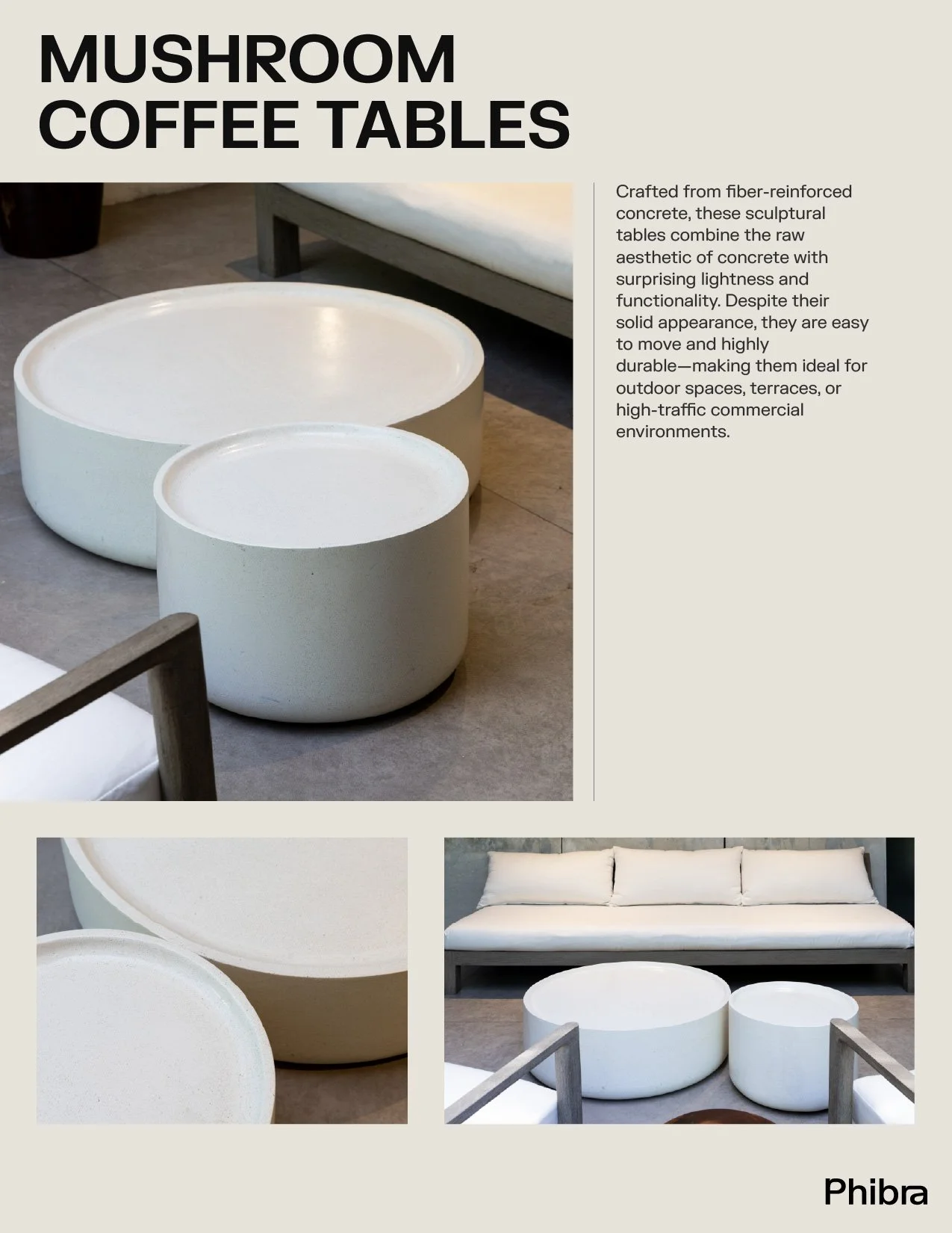 Two white mushroom-shaped coffee tables made of fiber-reinforced concrete, placed on a floor with a couch in the background and a chair with a wooden armrest in the foreground.